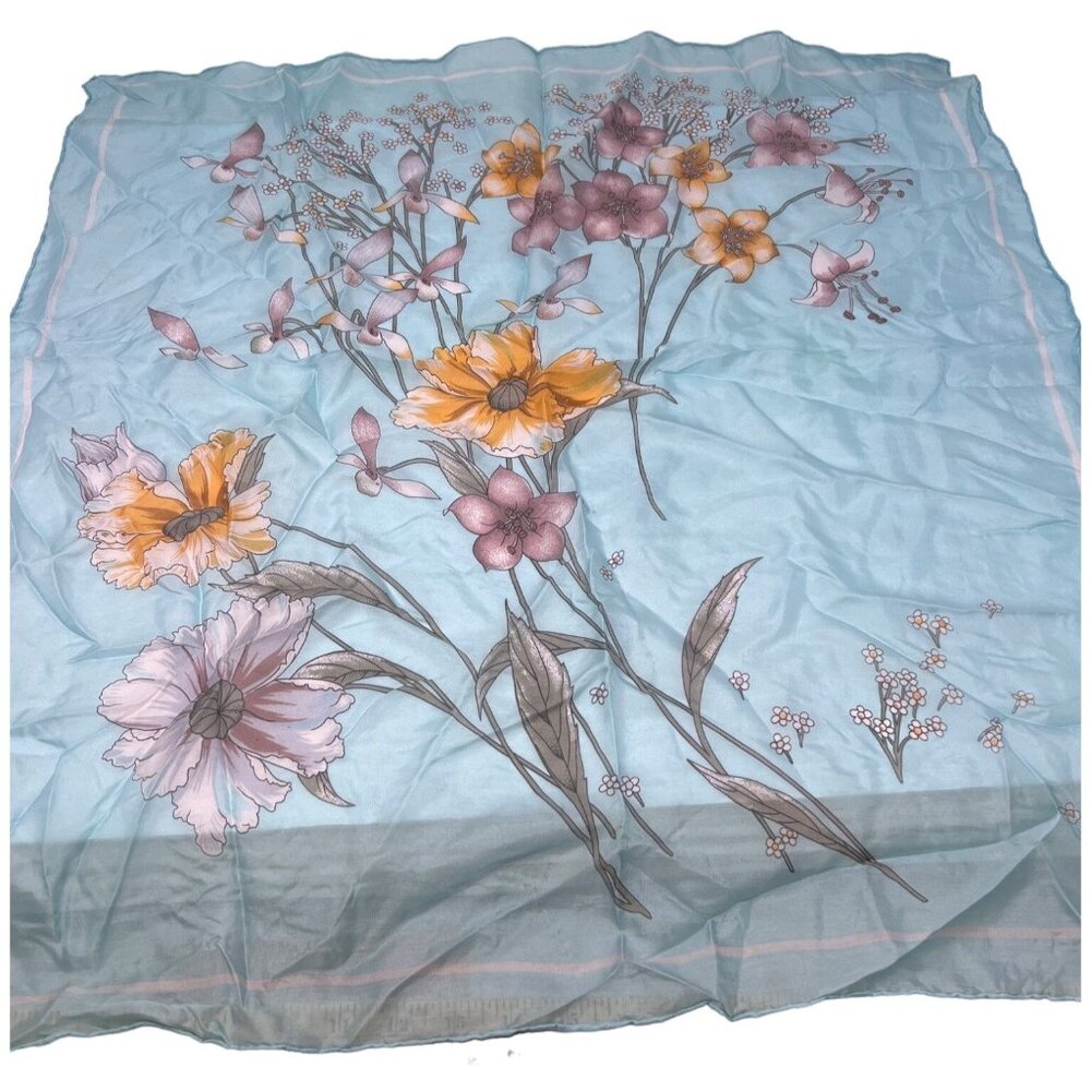 Floral Cosmos Print Sheer Square Scarf 27 Inches Light Blue Yellow Pink Light
